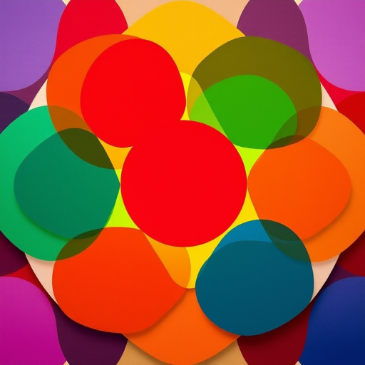 Create a vibrant abstract design featuring overlapping colorful shapes in a circular pattern with a central empty circle, shot with a DSLR camera at f/8, ISO 100, 50mm lens, in macro mode to enhance detail and clarity.