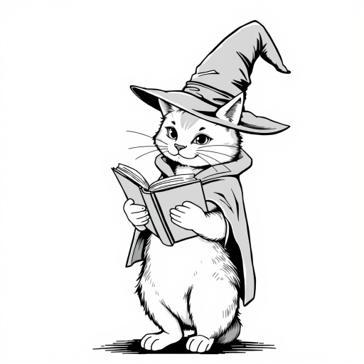 A grayscale illustration of a cat wearing a witch's hat and cloak. The cat is standing on its hind legs and is holding a spellbook in its paws and reading it intently. The hat is tall and pointed, with a wide brim and a pointed top. The cloak is draped over the cat's body, covering its body. The background is plain white, making the cat and the book the focal point of the image.
