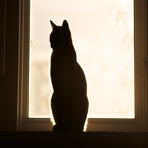 Generate a high-contrast silhouette of a cat sitting on a windowsill with soft sunlight filtering through, captured with a DSLR camera using a 50mm lens, aperture set to f/1.8, ISO 200, and a shallow depth of field to enhance image quality.