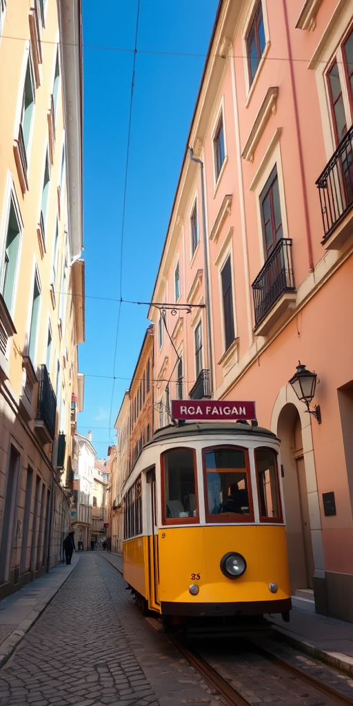 Capture a vibrant yellow tram descending a steep, cobbled street lined with pastel-colored buildings under a clear blue sky, using a DSLR camera with a 24mm lens, f/8 aperture, ISO 200, and a shutter speed of 1/250 sec for sharpness and clarity.