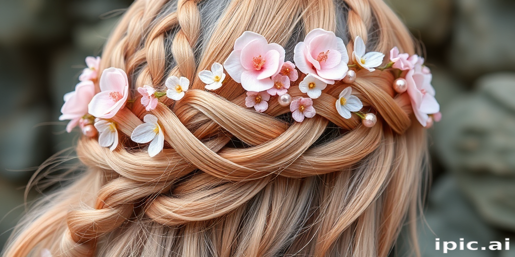 Enchanting rose gold fairy braid titled Blossom Whimsy showcasing an intricate crown braid embellished with delicate silk flowers and shimmering rose quartz beads for a romantic ethereal aesthetic