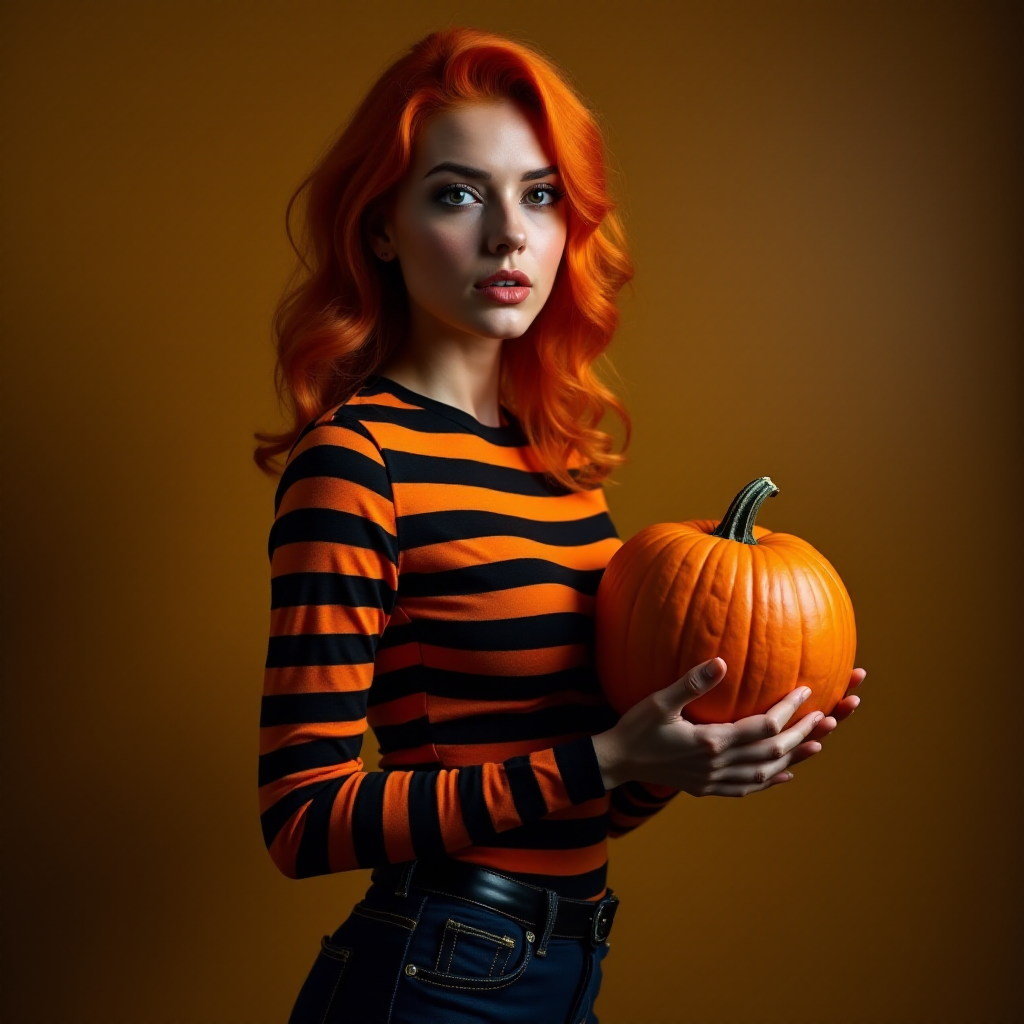 beautiful woman in orange and black Halloween colors, stripes. striking. pumpkin on shirt. I'm orange hair. full body. side shot holding pumpkin