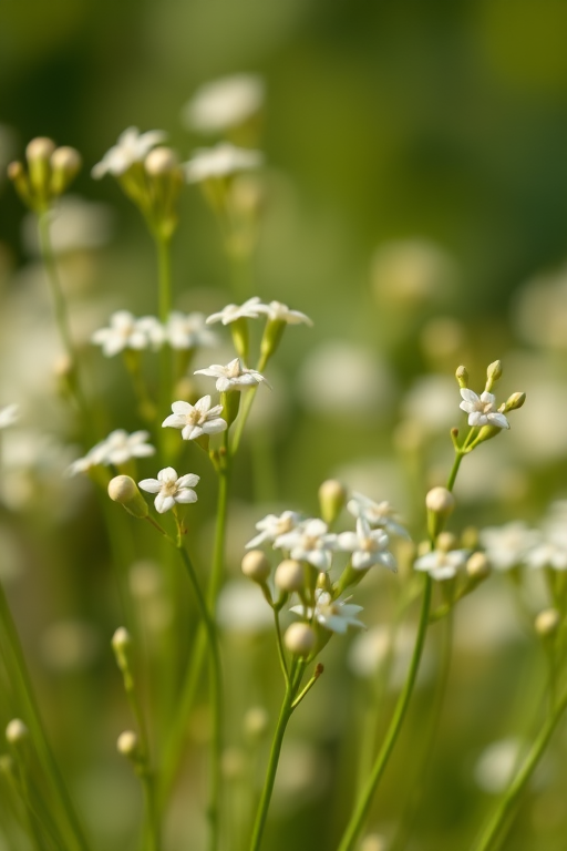 Close-up shot of white flowers on green stalks, shallow depth of field, f/2.8 aperture, 50mm lens, natural lighting, soft focus background, DSLR camera.