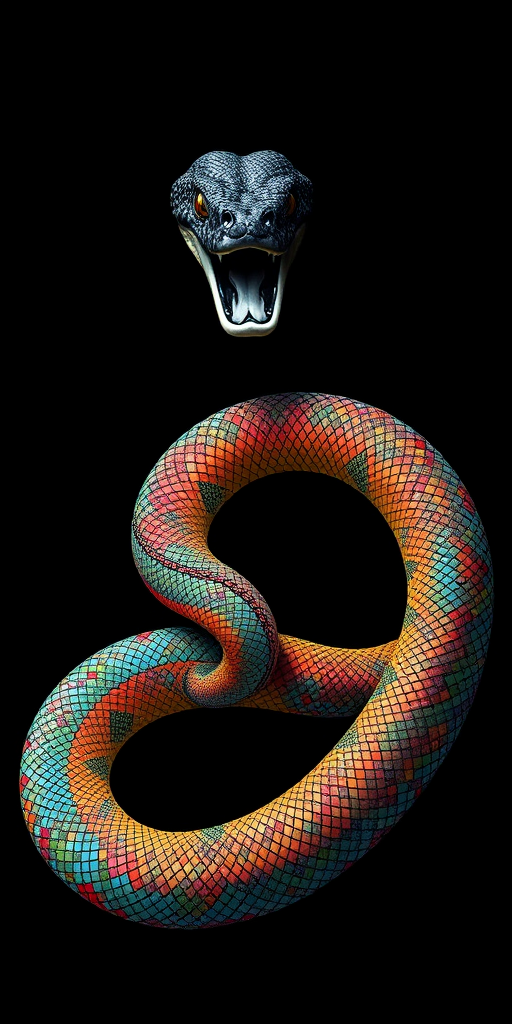 Create a vivid and colorful illustration of an ouroboros snake, with a highly detailed mosaic pattern, set against a solid black background, captured with a Canon EOS R5, 50mm lens, f/1.8 aperture, ISO 100, in a high dynamic range style for enhanced color depth and clarity.