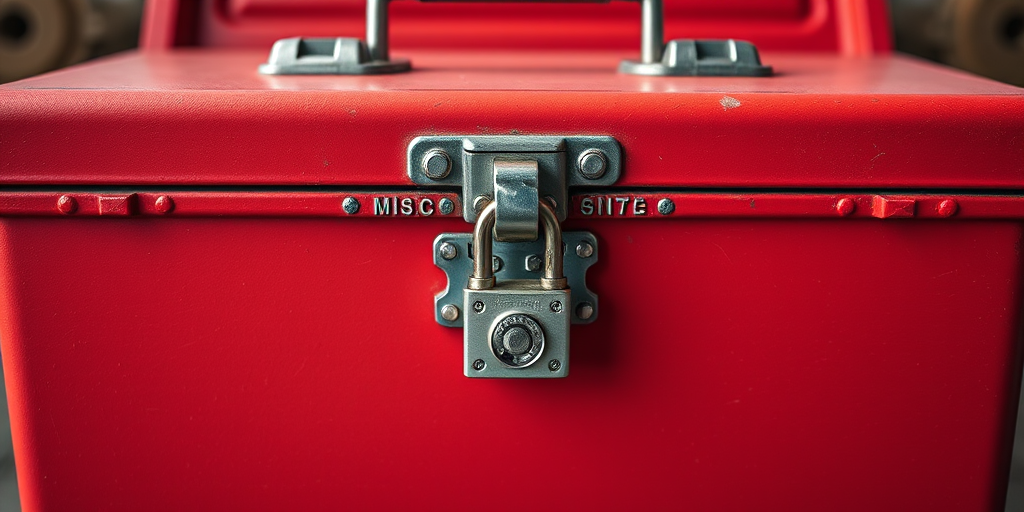 Create a high-resolution image of a red toolbox with a lock, using a DSLR camera with a 50mm lens, aperture at f/2.8, ISO 100, and natural lighting from the front, capturing a slight top-down angle to emphasize depth and details.