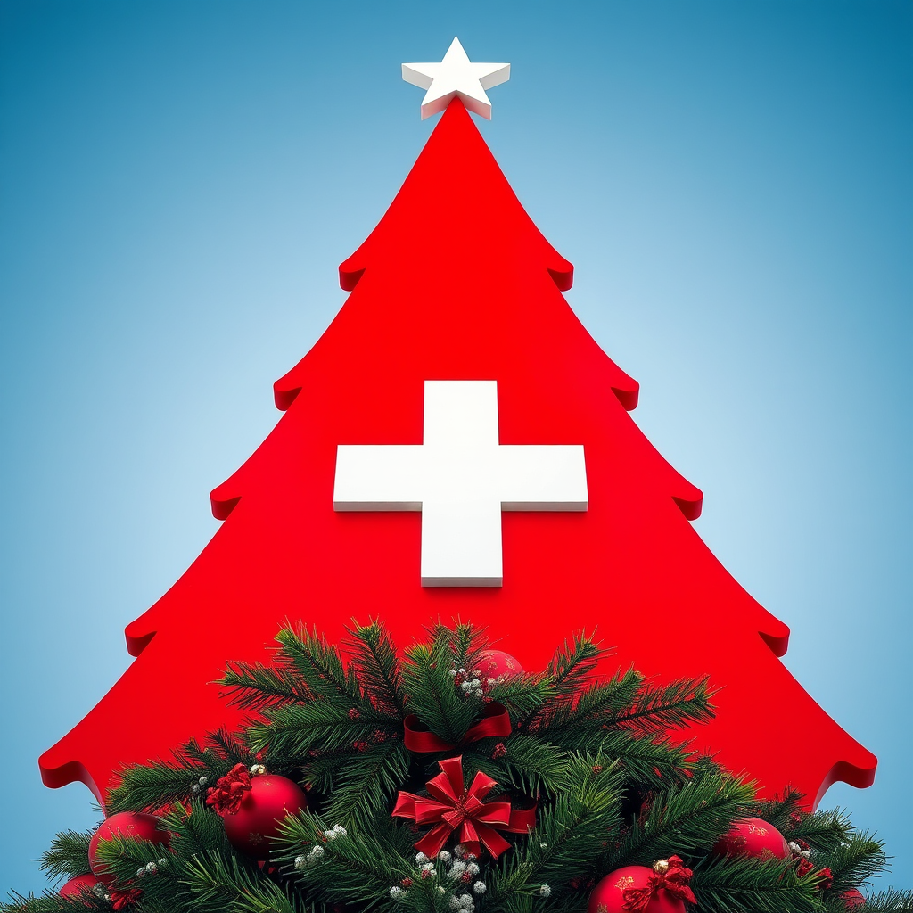 Create a vibrant, high-resolution image of a stylized red Christmas tree with a white Swiss cross in the center, capturing it with a Canon EOS R5 at f/2.8, 1/250s, ISO 100, using a wide-angle lens from a front view to enhance color saturation and clarity.