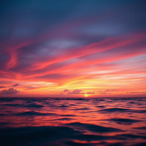 Create a high-resolution image of a sunset over the ocean with vibrant colors, using a Canon EOS R5, 24-70mm f/2.8 lens, aperture f/8, ISO 100, shutter speed 1/125s, taken from a low angle perspective to capture the reflection on the water.