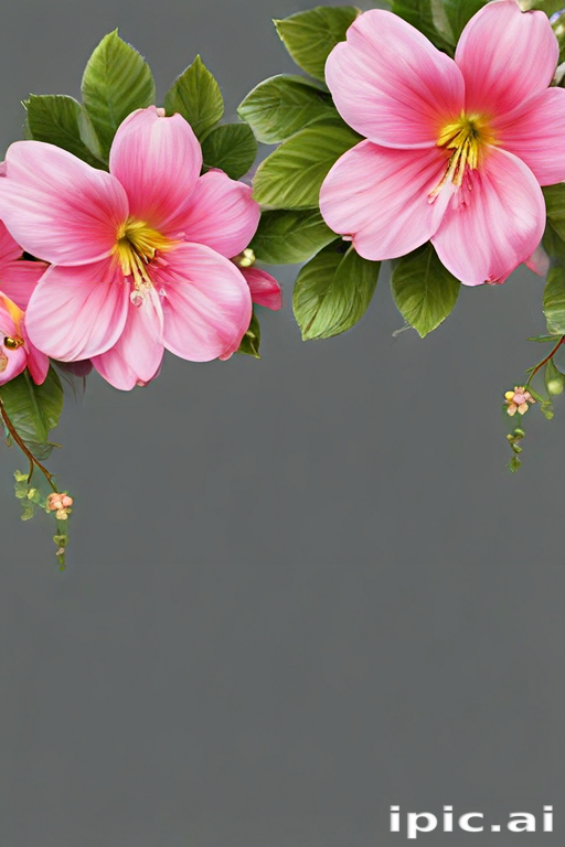 Vibrant Pink Flowers Framing a Soft Gray Background with Green Leaves
