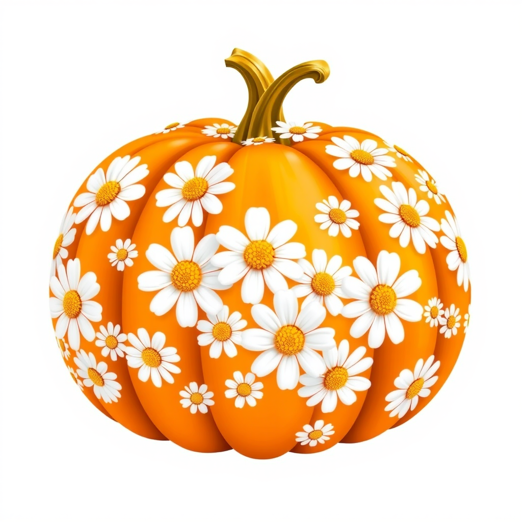 a whimsical orange pumpkin with white daises pattern covering the pumpkin. Solid white background sublimation vector 3000dpi 32k