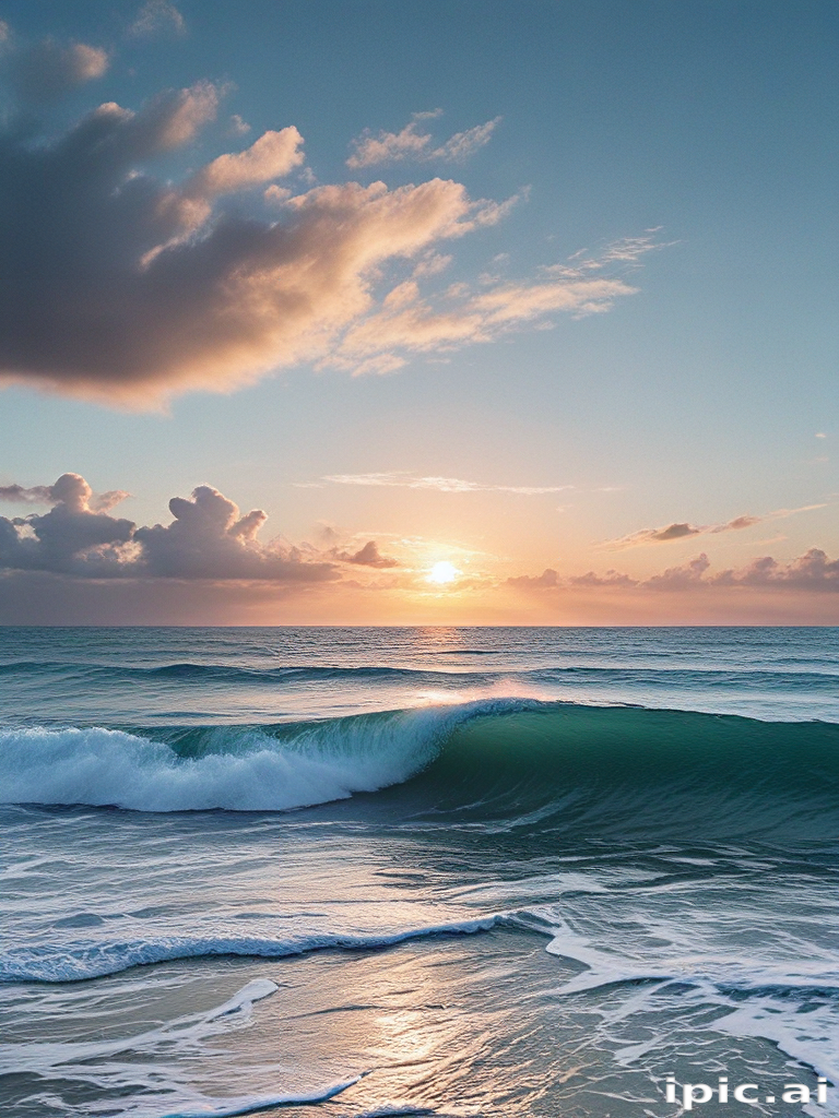 Serene Sunset Over Gentle Waves with Dramatic Clouds in the Sky