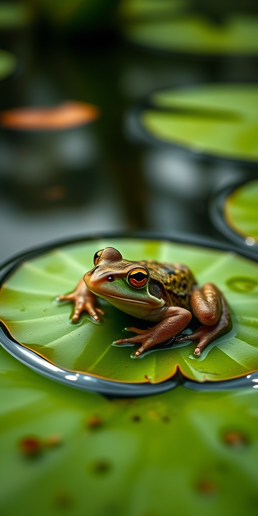 Capture a close-up of a frog resting on a lily pad in a serene pond, using a DSLR camera with an aperture of f/2.8, shutter speed of 1/250 sec, ISO 100, macro lens for enhanced detail, and shoot from a low angle to emphasize the frog's features and surroundings.