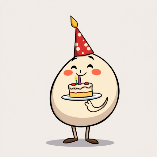 A cartoon character with a round body wearing a festive red party hat holding a cake with a candle on a plate smiling happily in a simple, colorful style.