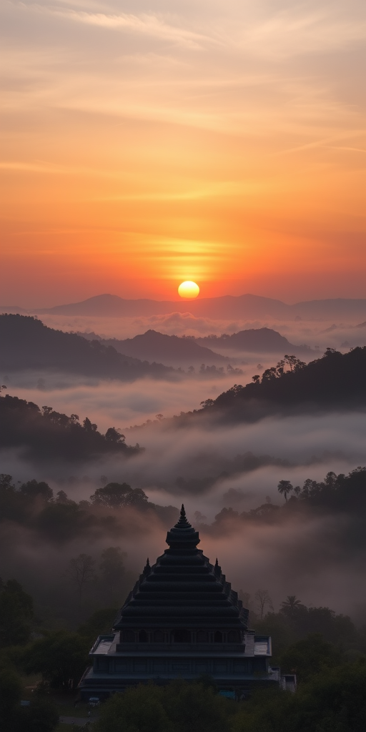 sunset over a misty valley with a temple silhouette in the foreground, taken with a Canon EOS R5, 24mm lens, f/8 aperture, ISO 100, 1/125s shutter speed, wide-angle view, HDR style