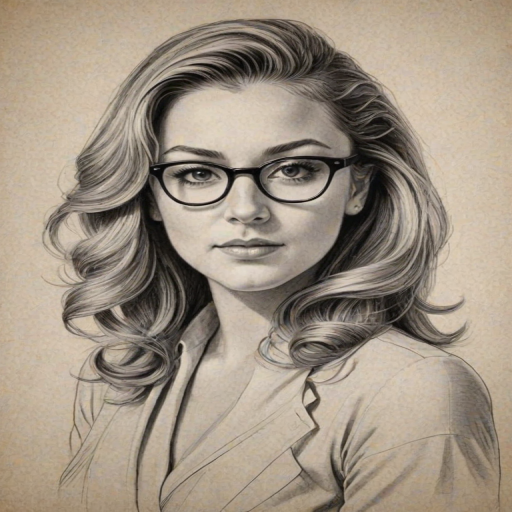 Enchanting Alexa Vega, pencil sketch, portrait of Elegant woman 1939s in glasses, hair style beatnik, outline, clear lines, fine lines, 8k