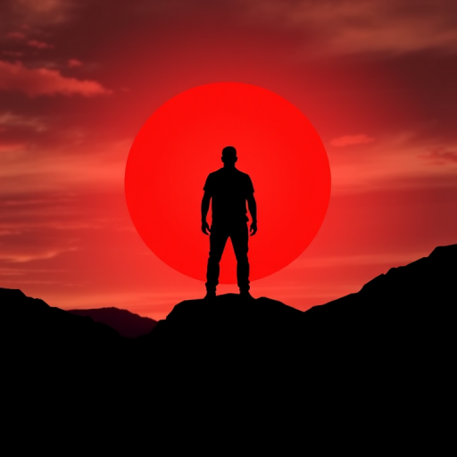 Create a minimalist silhouette of a figure standing against a large red sun, with black mountains in the foreground and a dramatic sky, using a full-frame DSLR camera with a 50mm lens, aperture set to f/1.8, ISO 100, and a low-angle perspective for enhanced depth and detail.