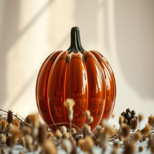 Capture an artistic still life of a glass pumpkin against a soft, natural light backdrop with a blurred field of dried flowers and decorative items in the foreground, using a Canon EOS R5, 50mm f/1.2 lens, aperture f/2.0, ISO 100, and 1/160s shutter speed.