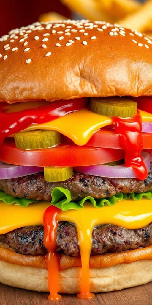 High-resolution, close-up image of a gourmet double cheeseburger. The burger features a glossy, sesame-seed-topped brioche bun. Inside, there are two thick, juicy beef patties, each topped with melted cheddar cheese. The burger is garnished with fresh lettuce, tomato slices, diced onions, and pickles. A generous amount of ketchup and a creamy, orange-colored sauce is dripping down the sides, adding to the mouth-watering appeal. In the background, there are blurred elements including a side of golden French fries and a hint of a beverage, enhancing the overall presentation of a delicious meal.