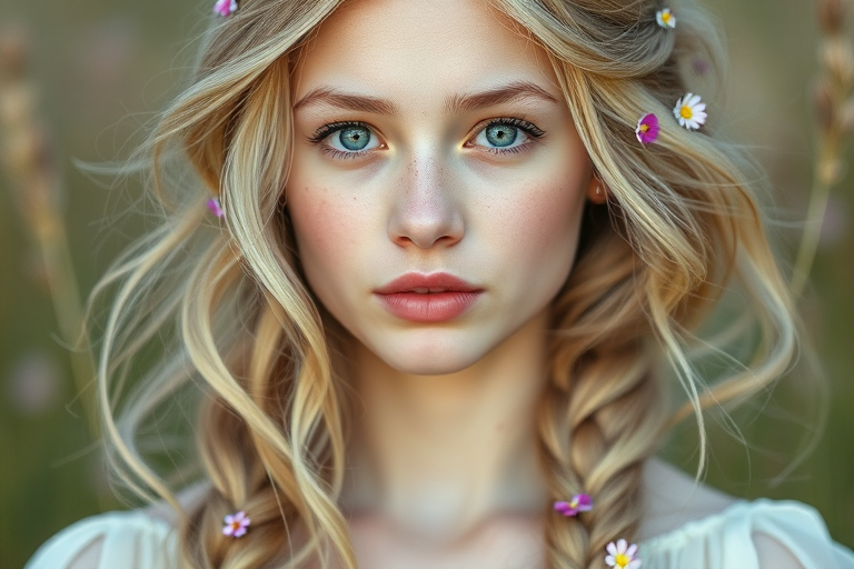 Create an image of a young Eurasian woman with long, wavy blonde hair, adorned with small, colorful flowers woven into her braids and loose strands. Her complexion is fair, with soft, glowing skin, and she has light blue eyes that gaze softly at the viewer. She wears a light, flowing dress with a gentle, ethereal quality, complementing her delicate and serene appearance. The background is slightly blurred, drawing focus to her tranquil expression and the intricate details of the flowers in her hair. The overall mood of the image is one of natural beauty and grace, evoking a sense of peacefulness and connection with nature.
