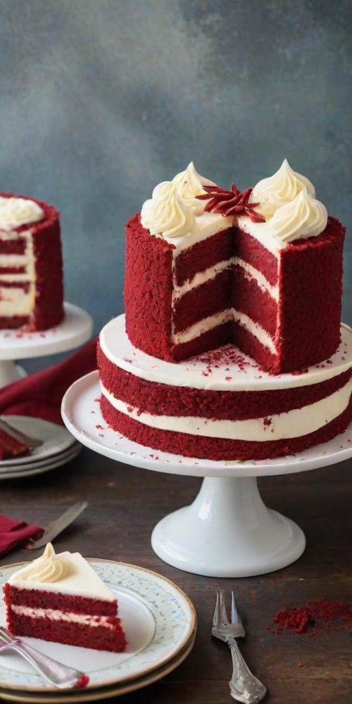 Create an image of a red velvet cake with a slice cut out, showcasing its layers. The cake should be frosted with cream cheese icing and decorated with swirls of frosting on top. The background should be a soft pastel color to enhance the cake's vivid red.