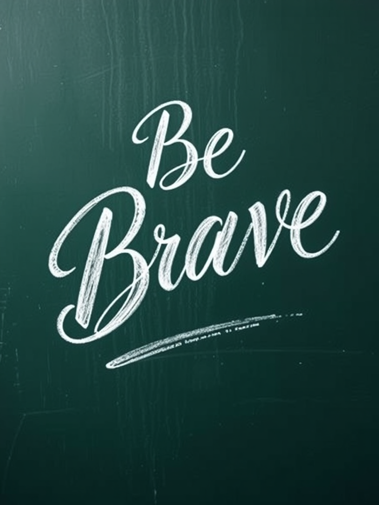 Create a high-resolution image of the phrase "Be Brave" written in elegant, swirling white chalk on a dark green chalkboard, using a DSLR camera at f/2.8 aperture, 50mm lens, natural lighting, and a slight vignette effect for depth.