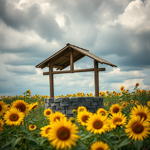 A rustic well surrounded by a vibrant field of sunflowers under a cloudy sky, captured with a Canon EOS R5, 50mm lens, f/1.8, ISO 100, shutter speed 1/200s, shot from a low angle to emphasize the flowers in the foreground and the well in the background, using soft focus for a dreamy effect.