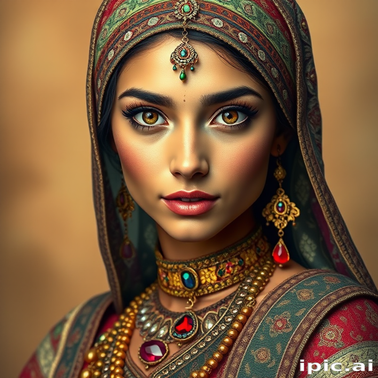 Create a portrait of a beautiful woman with striking hazel eyes and a gentle expression. She is adorned in traditional attire with intricate patterns, including a richly embroidered headscarf and matching garments. Her jewelry includes a delicate headpiece, dangling earrings, and ornate bracelets, all featuring vibrant gemstones and detailed metalwork. The background is soft and warm, enhancing the rich colors of her outfit and jewelry.