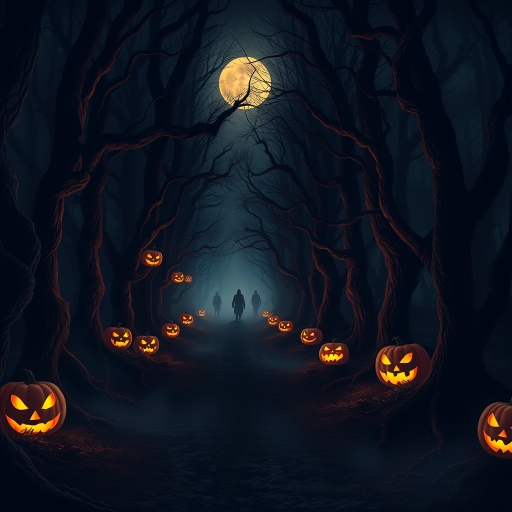 A dark and eerie forest path illuminated by glowing jack-o'-lanterns on either side twisted trees with gnarled branches and a misty atmosphere shadows of mysterious figures in the background and a full moon peeking through the fog creating a haunting and spooky Halloween scene