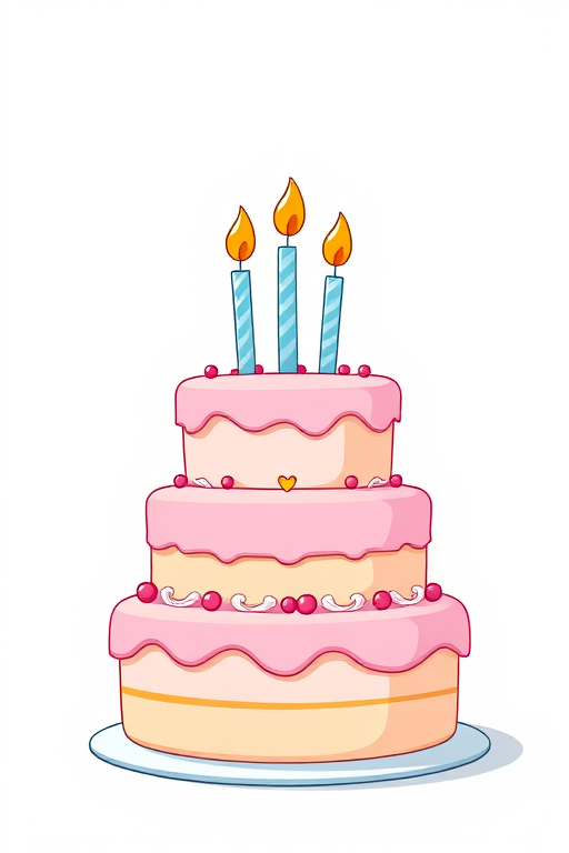 Create a whimsical cartoon-style illustration of a three-tiered pink birthday cake with three candles on top, using a high-resolution digital camera with a 50mm lens, f/2.8 aperture, ISO 100, and natural lighting for enhanced color vibrancy and sharpness.