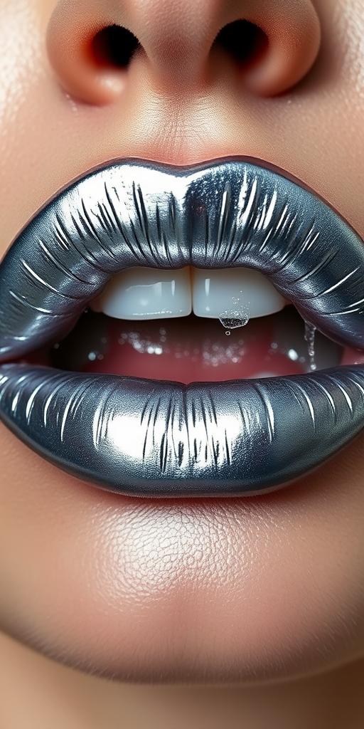 Metallic silver lips with a futuristic sheen, sleek and edgy, pushing the boundaries of conventional makeup with their avant-garde appeal