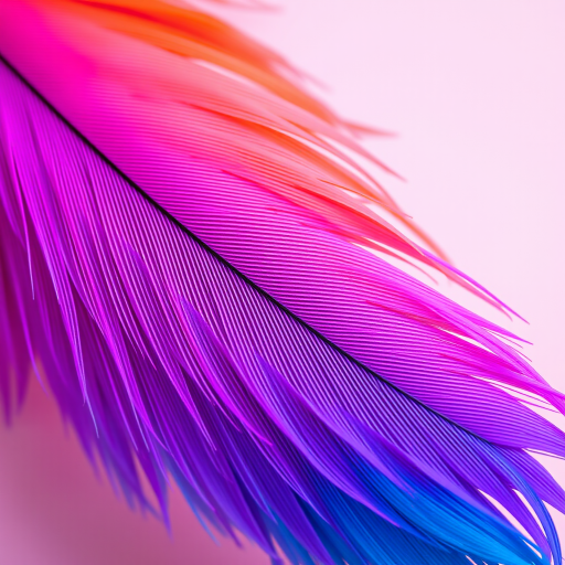 create a vibrant and colorful feather with a gradient of purple, pink, and orange tones set against a soft pastel background, shot with a Canon EOS R5 using a 50mm f/1.2 lens, aperture set to f/2.8, ISO 100, with natural soft lighting to enhance texture and detail