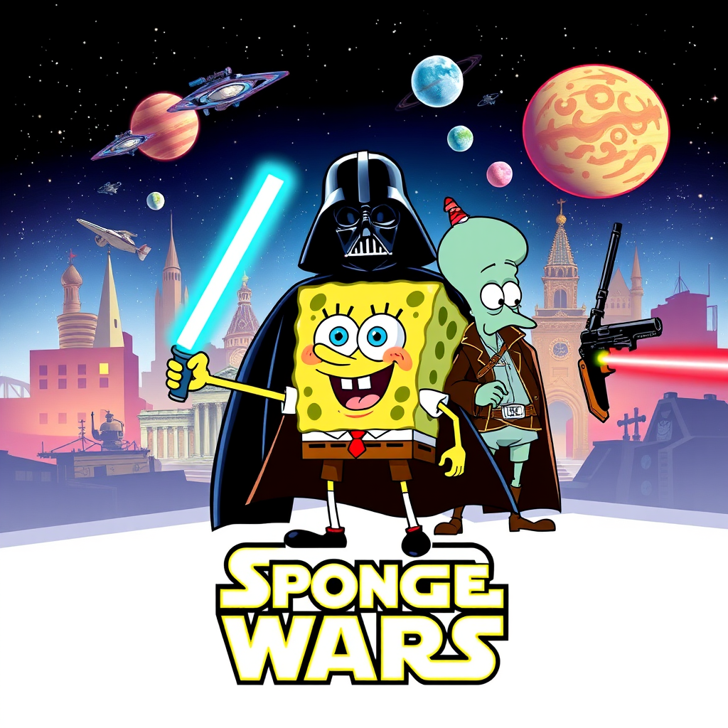 Create a parody of the Star Wars poster with SpongeBob as Luke Skywalker, holding a glowing spatula like a lightsaber. Patrick Star takes the role of Han Solo, holding a blaster, while Squidward is Obi-Wan Kenobi, draped in robes. In the background, Plankton appears as Darth Vader, with Bikini Bottom’s landmarks reimagined as spaceships and planets. The iconic Star Wars logo is swapped for "Sponge Wars," creating a playful, sci-fi adventure scene.