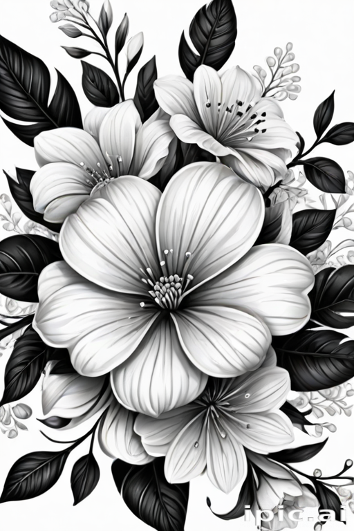 Elegant Black and White Floral Arrangement with Various Flowers and Leaves