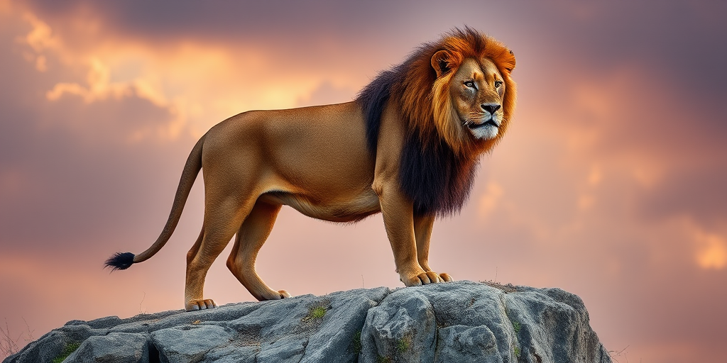 A majestic lion standing on a rocky outcrop with a dramatic background, captured with a Canon EOS 5D Mark IV, 50mm lens, f/1.8 aperture, ISO 100, shot in natural light for enhanced detail and clarity.