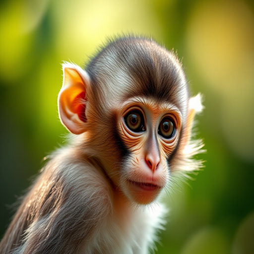 portrait of a young monkey with expressive eyes in soft focus background, natural light, ISO 100, 85mm lens, f/1.8, shallow depth of field, DSLR camera, side profile view, high-resolution image