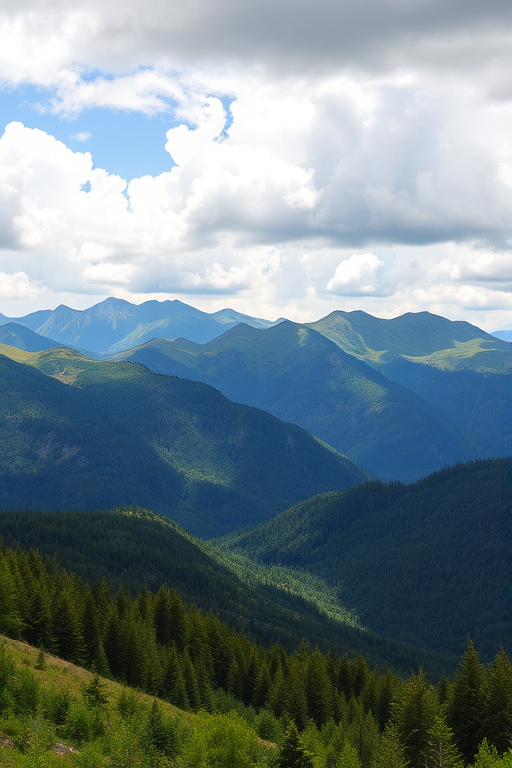 high-resolution landscape of a mountainous region under a partly cloudy sky, featuring lush green forests and rolling hills in the foreground, captured with a DSLR camera at 35mm focal length, aperture f/8, ISO 100, with a wide-angle view and natural lighting