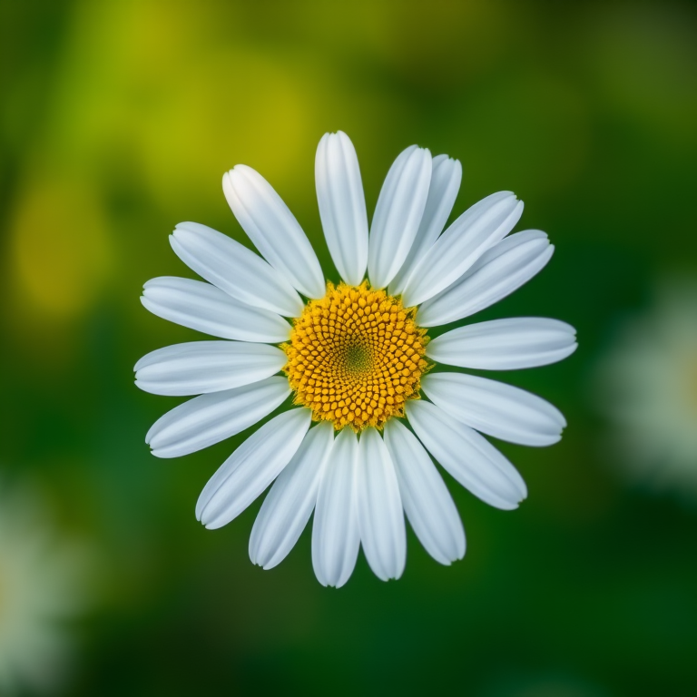 close-up of a white daisy flower with a yellow center against a blurred green background, shot with a Canon EOS 5D Mark IV, 50mm lens, aperture f/1.8, ISO 100, shallow depth of field, natural light