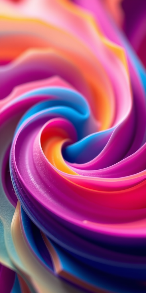 Create an abstract design featuring swirling shapes and gradients in vibrant colors, shot with a Canon EOS R5 at f/8, ISO 100, 1/250 sec, using a macro lens for detailed textures, with a soft focus background and high dynamic range for enhanced depth.