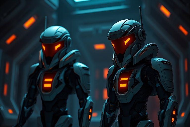 Create a high-resolution image of two futuristic robotic sentinels in a dimly lit, sci-fi environment with glowing orange screens, captured with a 50mm lens at f/1.8, ISO 100, and a shutter speed of 1/125 seconds using a DSLR camera in a slightly elevated angle for a dramatic effect.