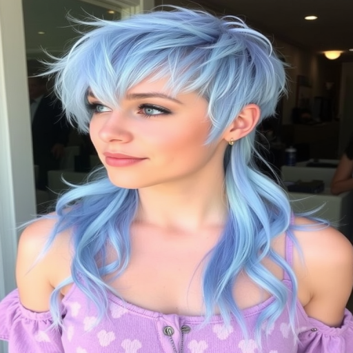 Dreamy periwinkle pixie cut with feathered layers, called "Bluebird Whisper," combines soft blue hues with delicate textures for a fairy-like appearance