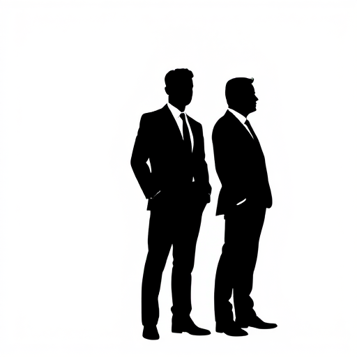 Create a high-resolution illustration of three silhouetted men in formal suits standing side by side against a plain background, shot with a Canon EOS R5 at f/4, ISO 200, 50mm lens, in a portrait orientation for sharp details and rich contrast.