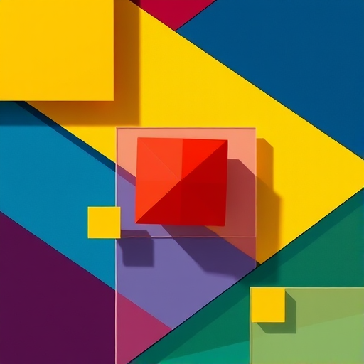 Generate a high-resolution image of abstract geometric shapes in a modern style with vibrant colors, using a Canon EOS R5 camera, ISO 100, aperture f/2.8, 24mm focal length, shot in natural light, top-down view.