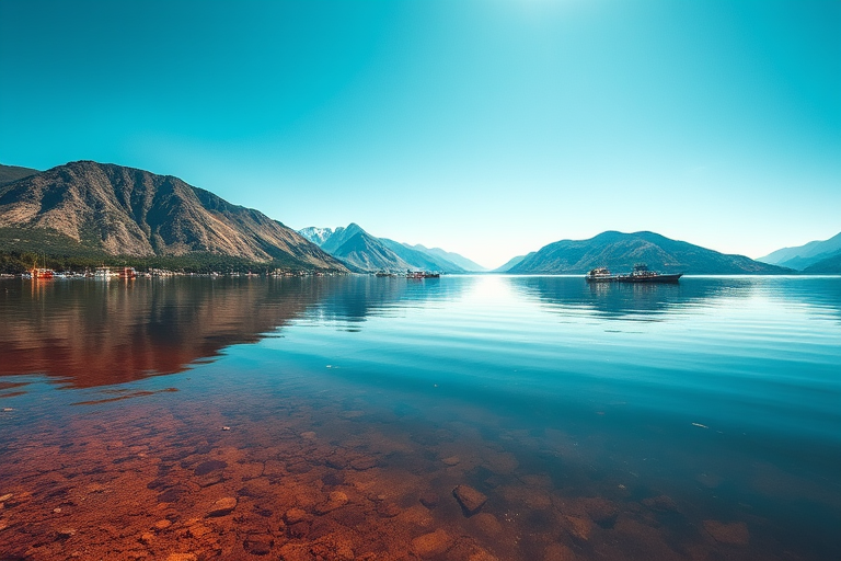 Regenerate the serene landscape of a tranquil lake surrounded by mountains on a sunny day with a clear blue sky, using a Canon EOS R5 camera, 24mm lens, f/8 aperture, ISO 100, 1/200 sec shutter speed, capturing a wide-angle view from the shore focusing on the reflections in the water and the vibrant boats along the bank.