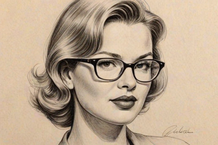 Appealing Rene' Zellweger, pencil sketch, portrait of Beauteous woman 1952s in glasses, hair style beatnik, outline, clear lines, fine lines, 8k