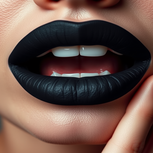 Striking visual of matte charcoal lips with a smoky finish, emphasizing bold contrast and edgy appeal in monochromatic tones