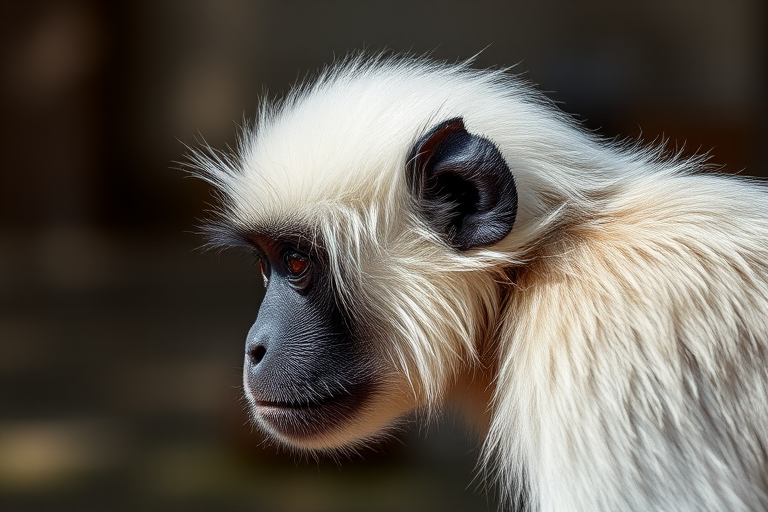 Create a high-resolution image of a monkey with distinctive white fur and a black face, captured in natural light outdoors, using a DSLR camera with a 50mm lens, aperture set to f/2.8, ISO 200, and a shutter speed of 1/500 sec, in a side profile view to highlight facial features and fur texture.