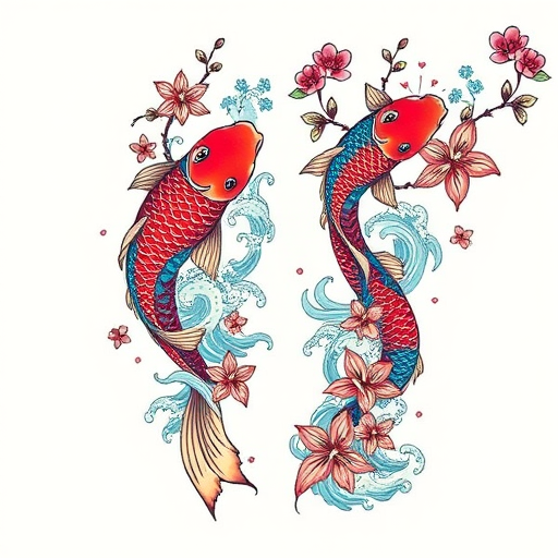 Bold traditional Japanese koi fish tattoo in rich reds and blues, swimming through stylized waves and cherry blossoms, covering the entire sleeve in a dynamic and culturally significant design