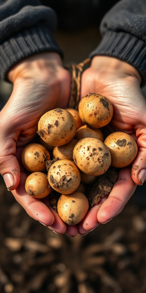 A close-up shot of hands holding freshly harvested potatoes with dirt clinging to them, natural lighting, aperture f/2.8, shutter speed 1/125 sec, ISO 100, DSLR camera, shallow depth of field, vibrant colors.