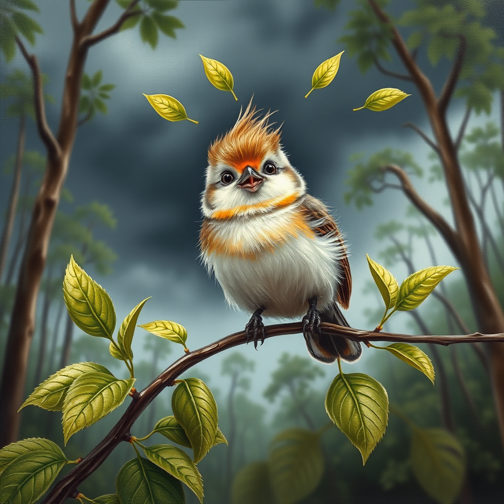 airbrushed oil painting,  a cute little bird, sitting on a branch with lush leaves, startled eyes, his feathers ruffled and blown up, leaves in the air, background bending trees in a forest, storm clouds
