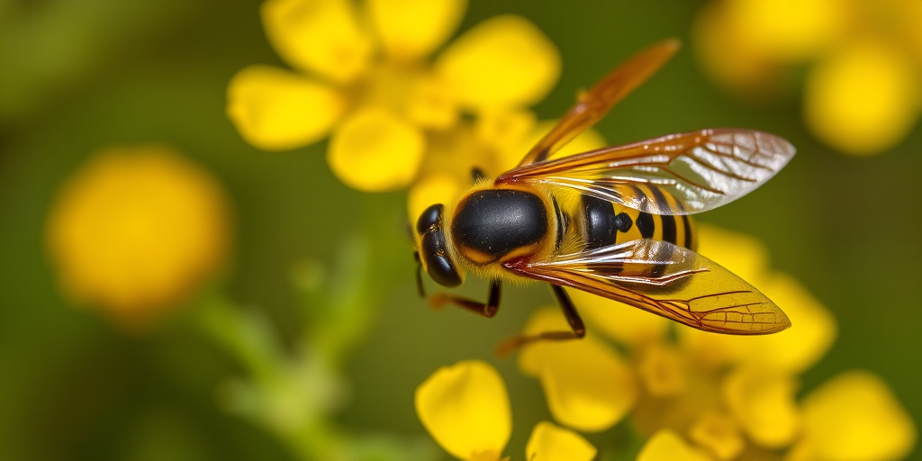 Close-up shot of a wasp on bright yellow flowers with a shallow depth of field, use a macro lens, aperture set to f/2.8, shutter speed 1/200s, ISO 200, natural lighting, focus on the wasp with a blurred background, taken with a DSLR camera.