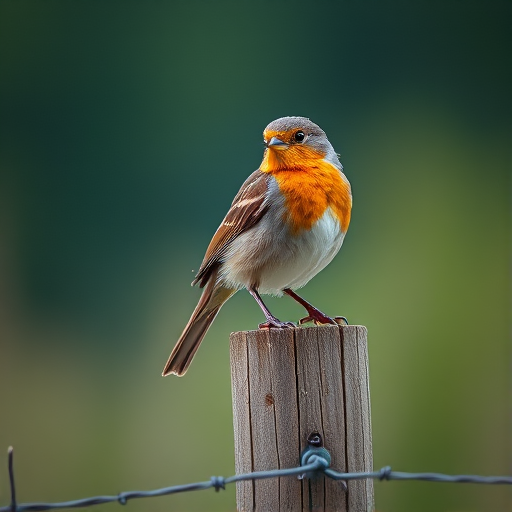Regenerate the image of a bird perched on a fence post with a shallow depth of field, using a Canon EOS R5 camera, 200mm lens, aperture set to f/2.8, ISO 100, and a soft natural light setting to enhance the background blur and focus on the bird's vibrant colors.